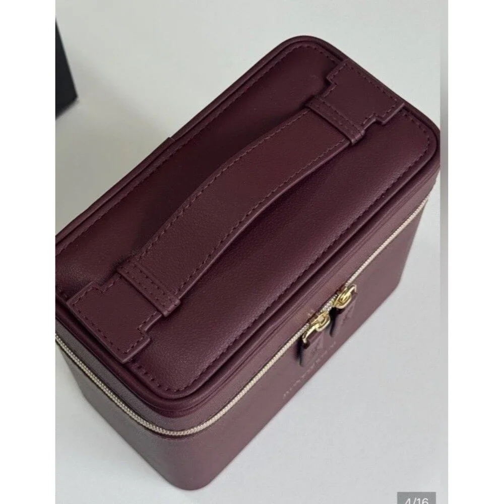 YSL Yves Saint Laurent Beaute Burgundy Wine Cosmetic Vanity Train Case Gold Zip